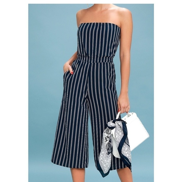 Lulus Pants - Lulu’s Salt Water and Sun X- Small Jumpsuit. Wide Leg Navy Blue/White Strapless.